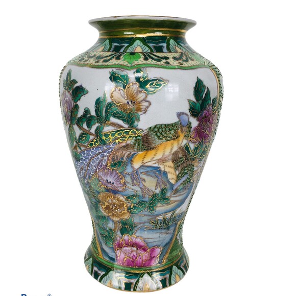 Vintage Early1900s Chinese Hand Painted Moriage Floral Peacock Vase Numbered - Picture 2 of 10